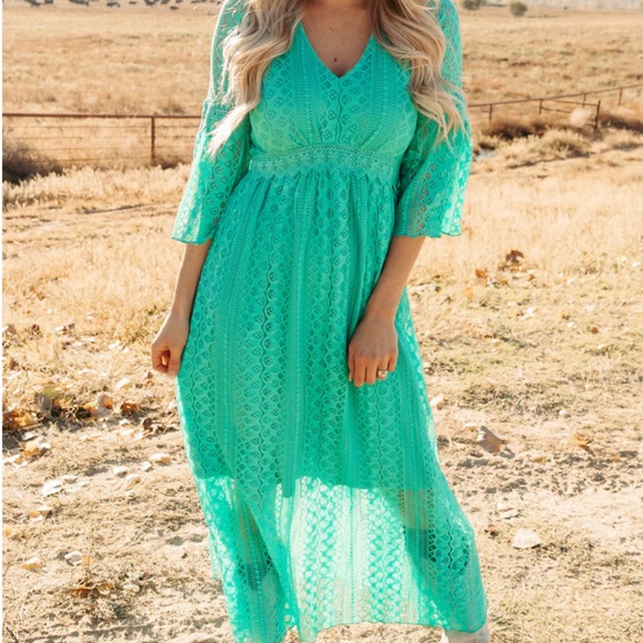 NWT Boutique Western VICTORIAN LACE MAXI DRESS TURQUOISE - Picture 2 of 5